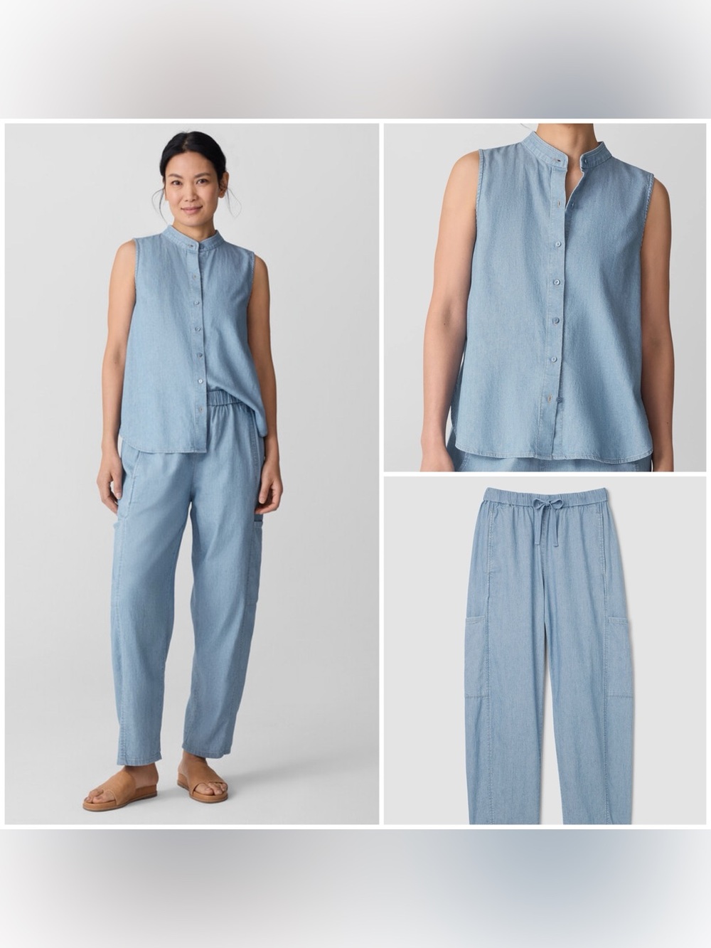 EILEEN FISHER - Airy Organic Cotton Twill Shirt &cargo pants. Chambray. Small